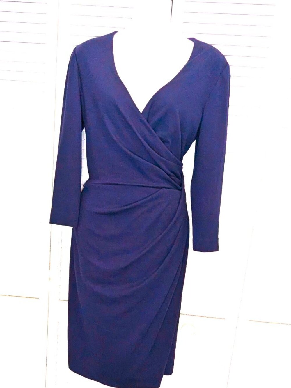 Ralph Lauren Faux Wrap Dress Navy Blue Size 12 Knit Fully Lined Long Sleeve